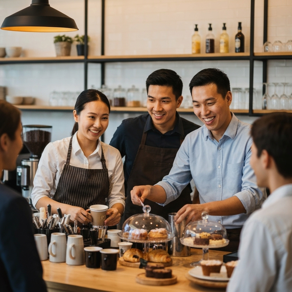 Hospitality workers in cafe environment