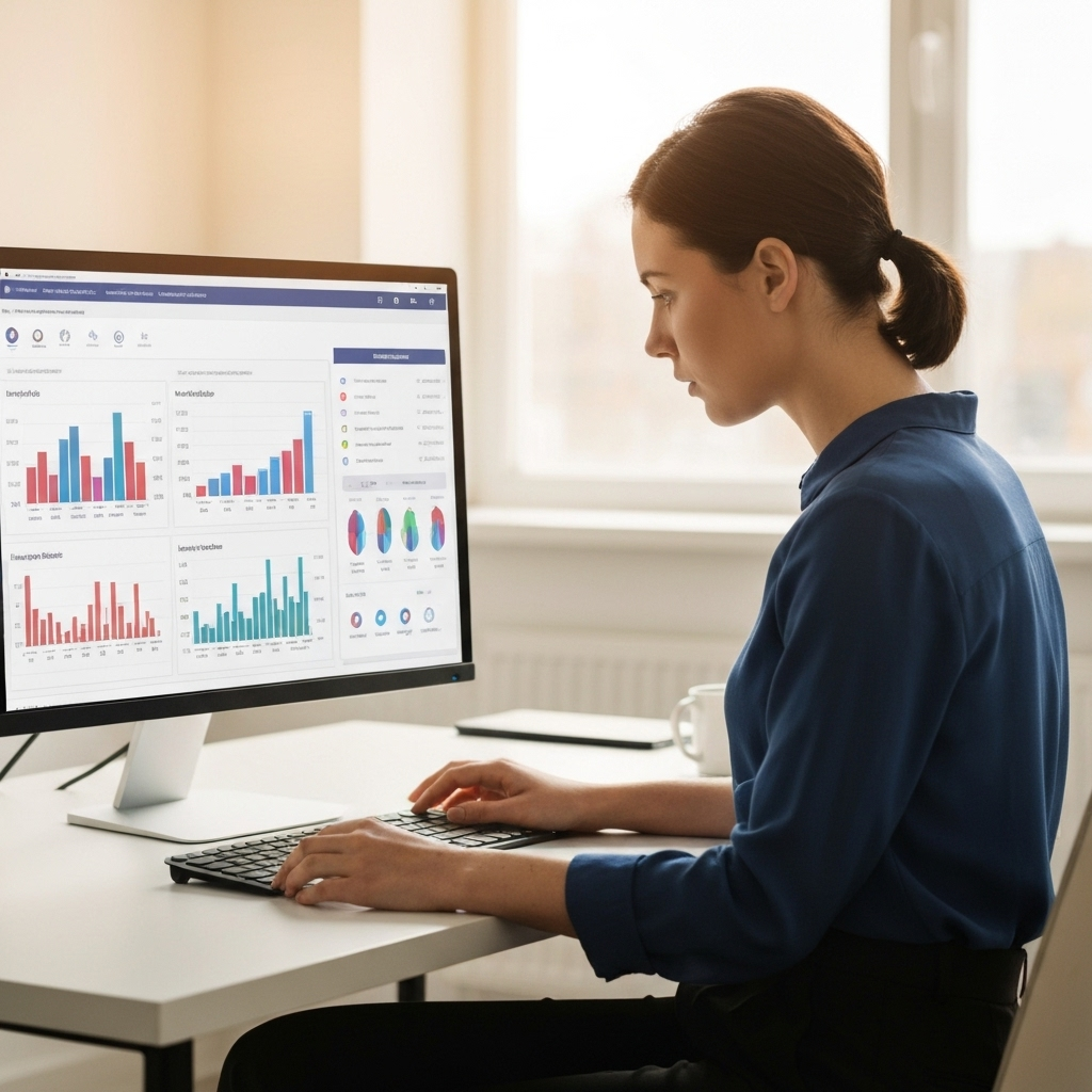 Hospitality manager reviewing an analytics dashboard