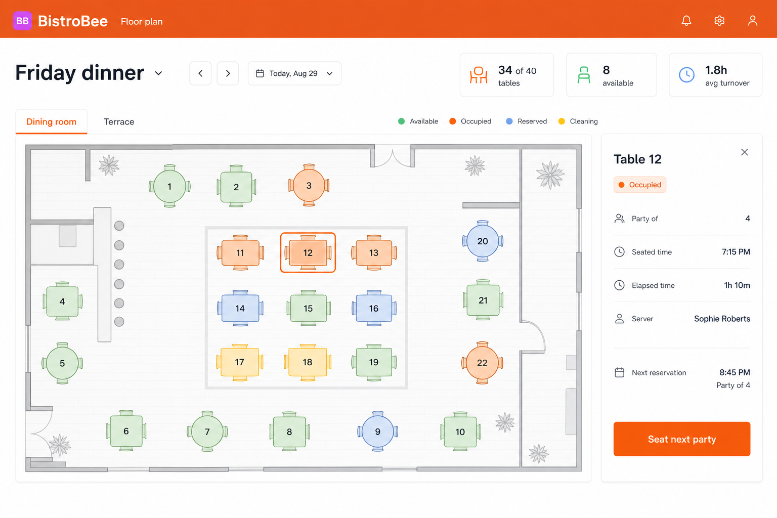 BistroBee restaurant floor plan showing occupied, available, reserved, and cleaning table states
