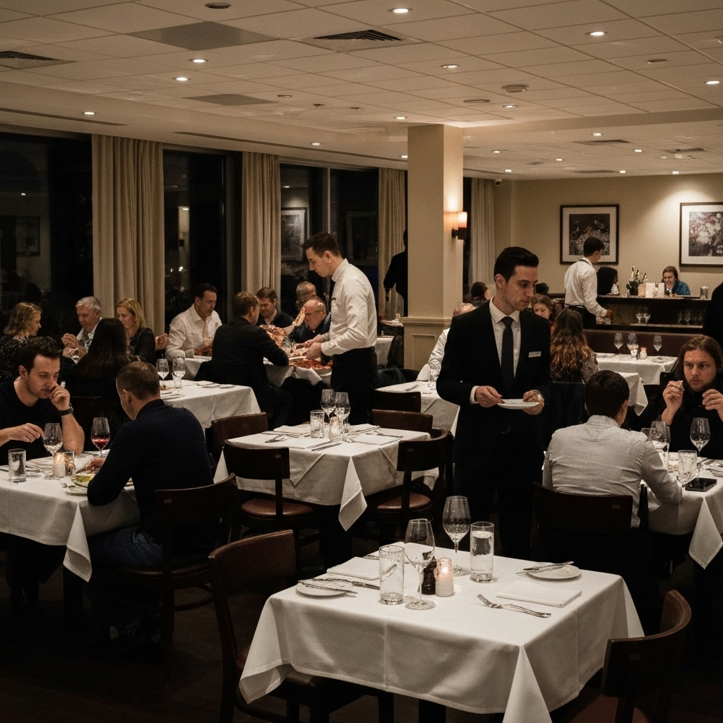 A busy restaurant dining room in service