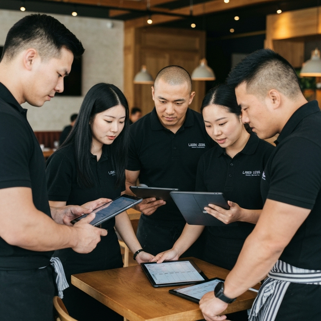 Restaurant staff coordinating schedules on tablets